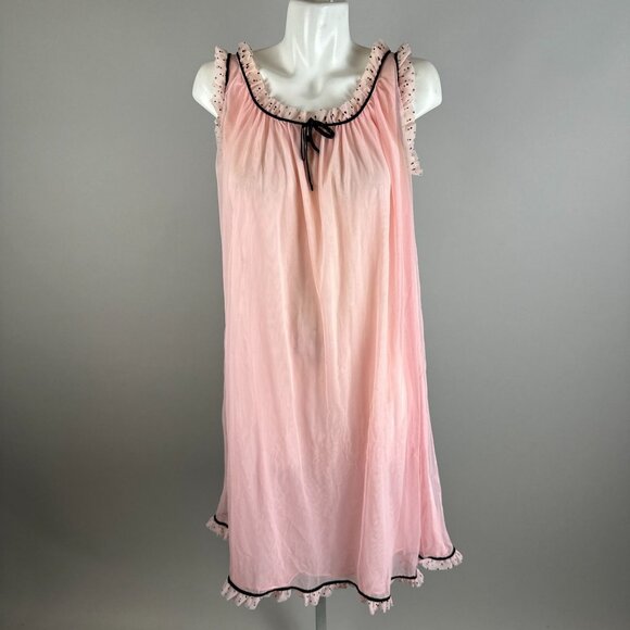 Vtg 60s Perlon Pink Black Polka Dot Ruffle Babydoll Lingerie Nightgown size 46 - Picture 1 of 7